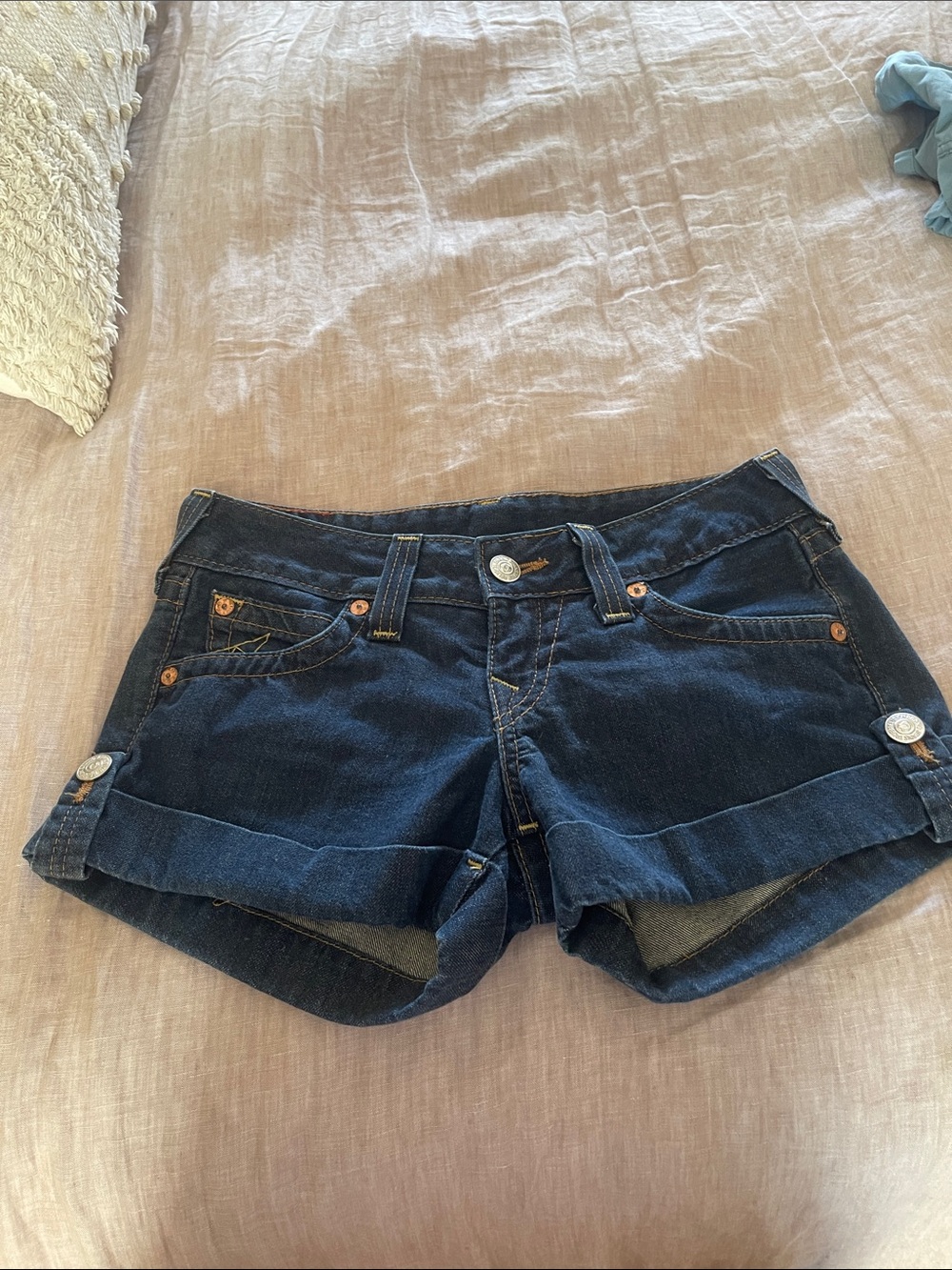 True Religion Dark Blue Denim Roll-Up Jean Shorts